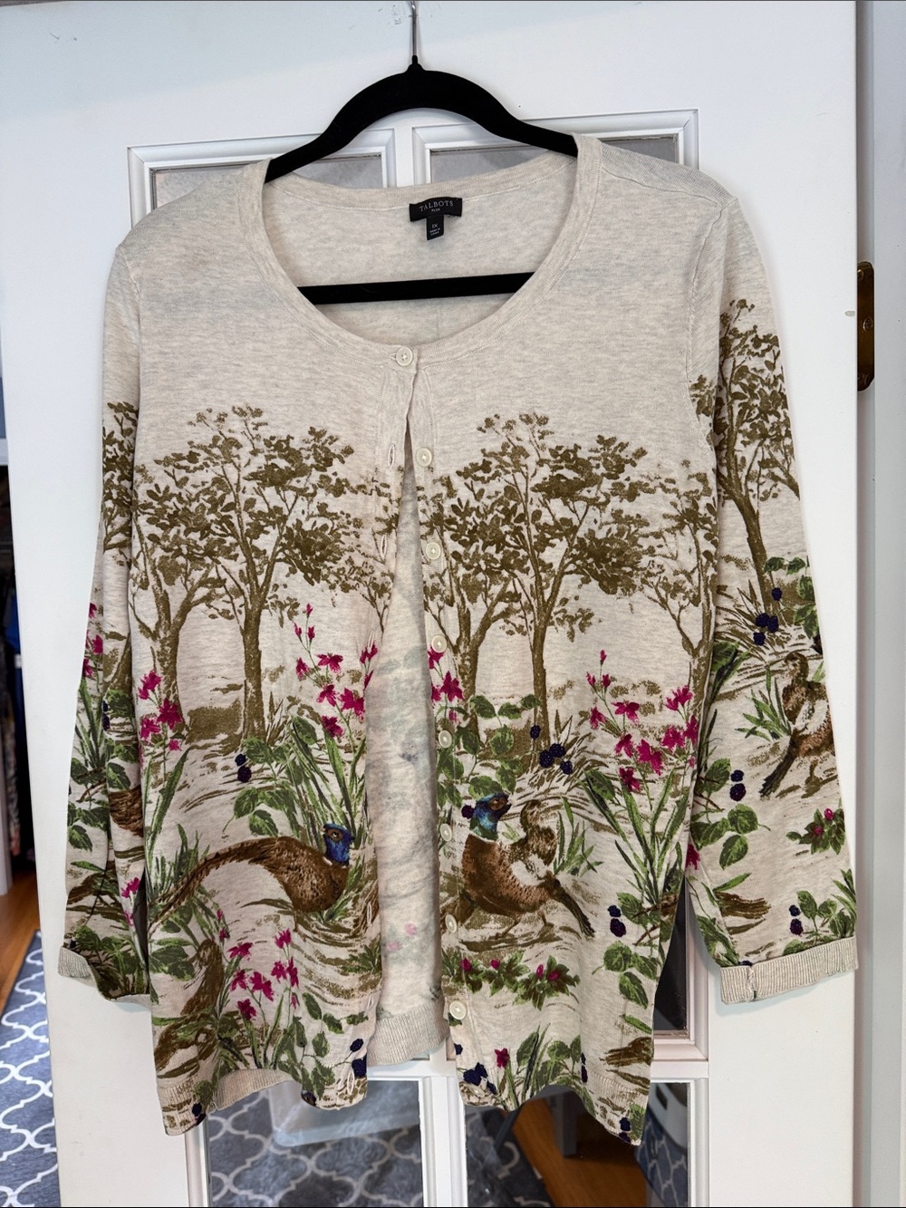 Talbots Cream Cardigan with Botanical & Pheasant Motif